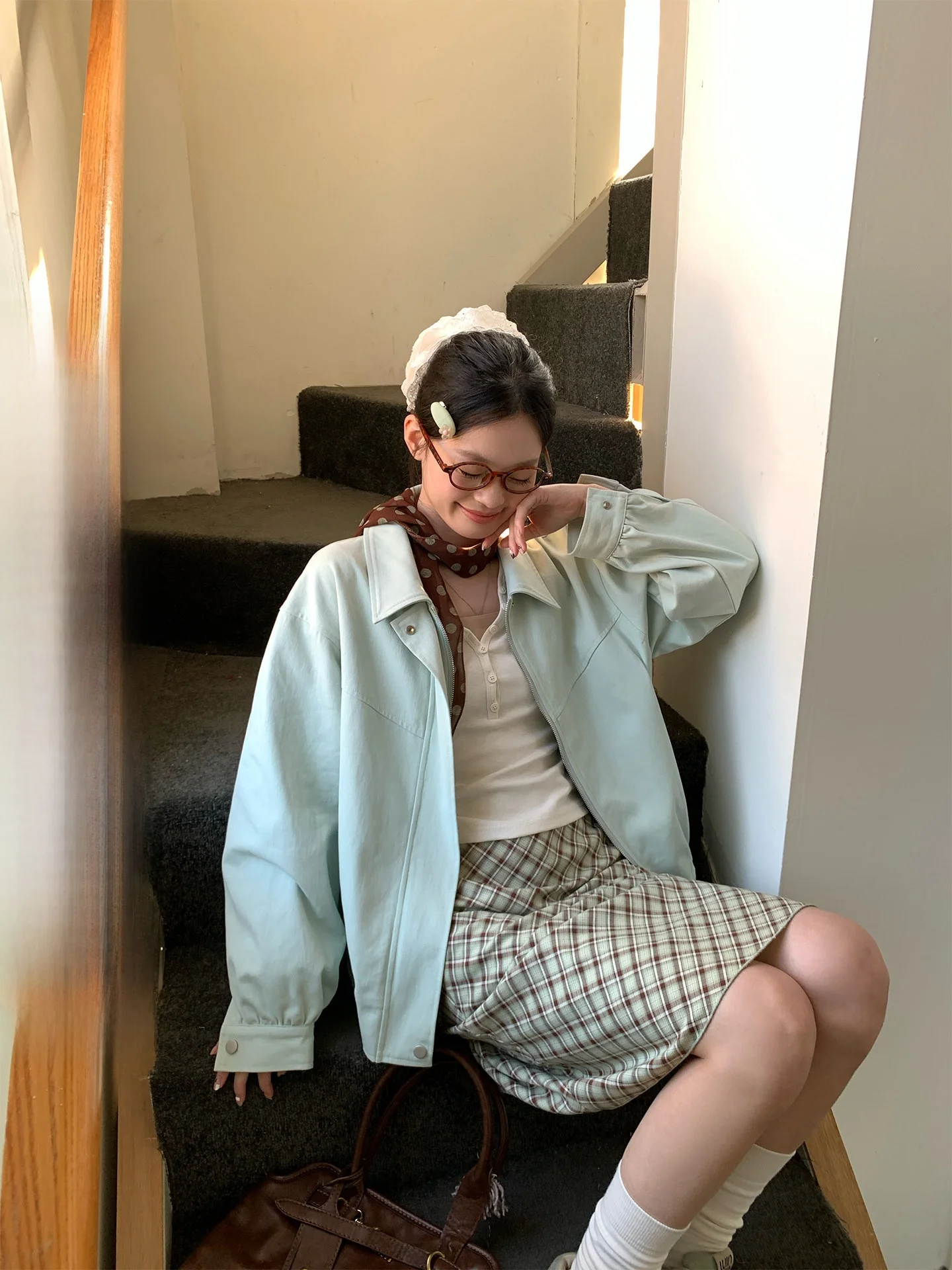 

Spring een Waed Cotton Stand Collar Jaet Women's Loose Sle Korean Aosphere Casual Coat Warm Long Sve Zipper