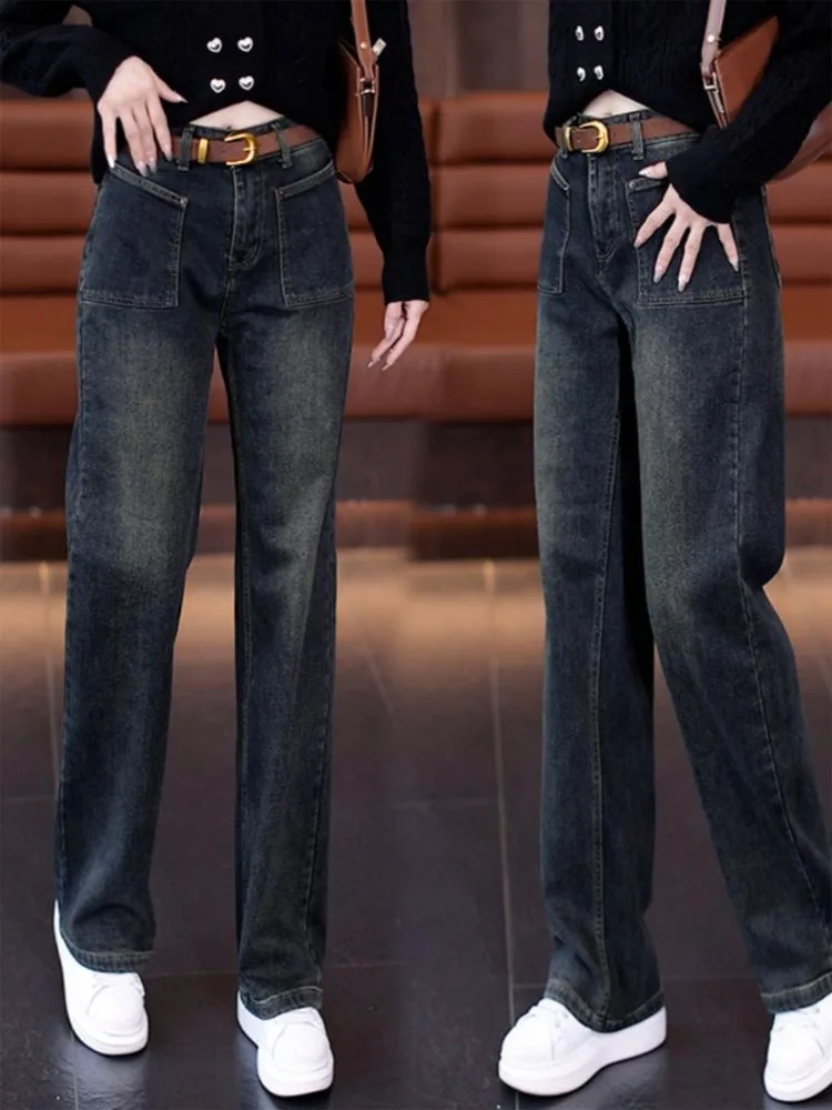 Retro Fce Lined Loose Fit Straight Leg Denim Wide Leg Pants Women's Slimming Trousers High Waist Long Pants Winter Faion