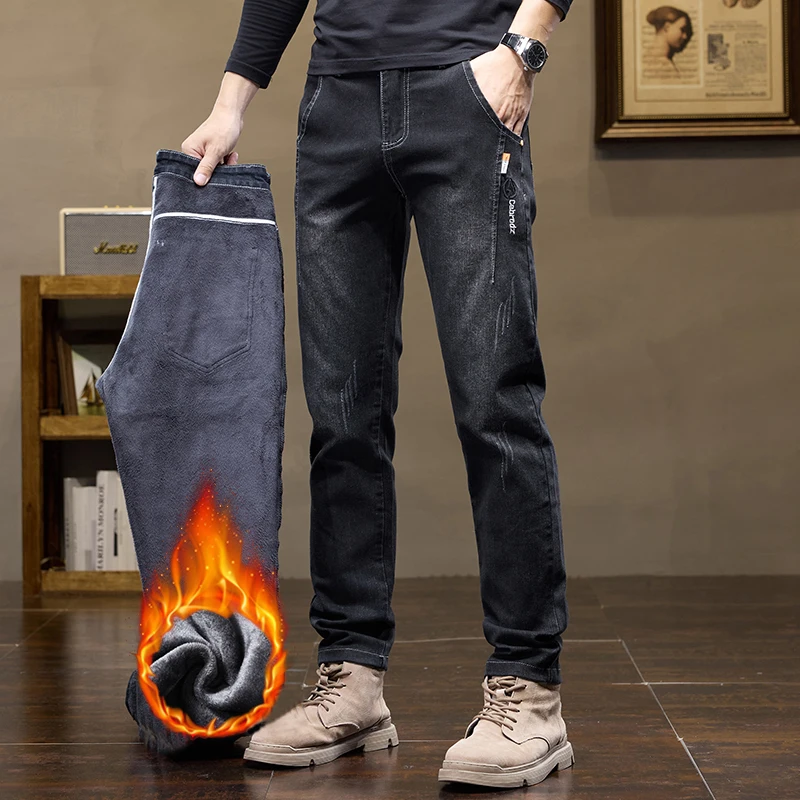 New Winter Warm Stretch Jeans Men Black Gray Thicken Fleece Fashion Washed Denim Trousers Streetwear Straight Korea Male Pants