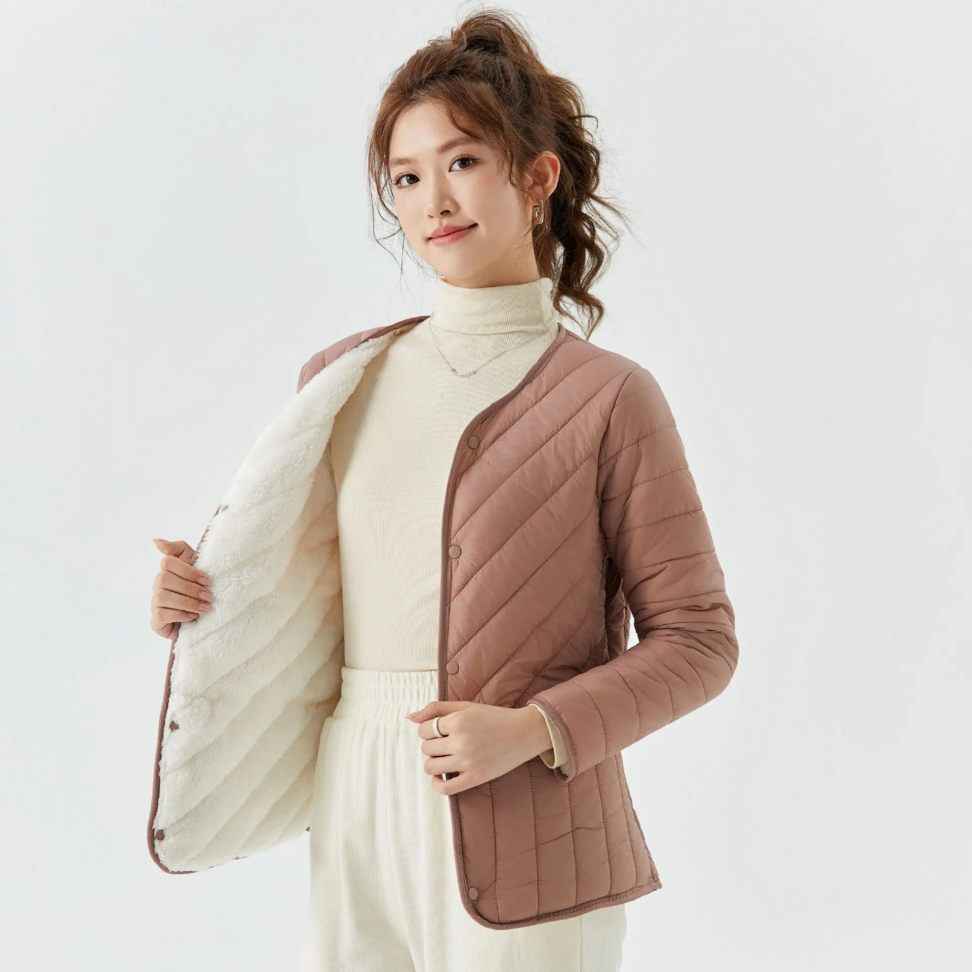 Nueva moda mujer Color sólido Simple básico Casual moda forro polar abrigos acolchados de un solo pecho ropa femenina Parkas Tops