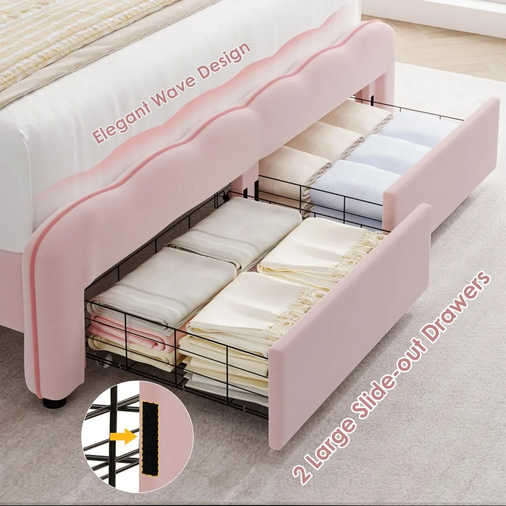 HOSTACK Queen Upholstered LED Bed Frame with Storage Drawers, Cute Girls Bed with Adjustable Lotus Headboard, Velvet Princess