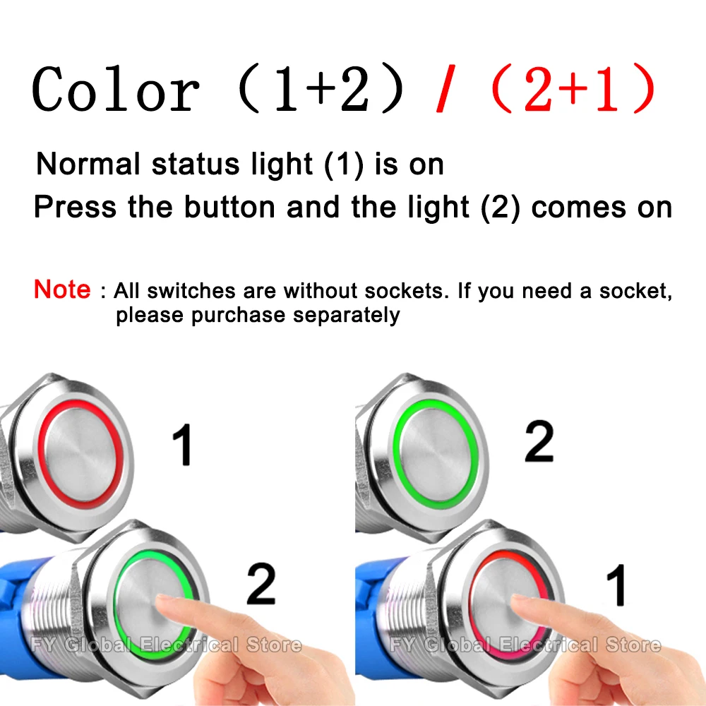 Interruptor de botón de Metal LED de doble color, 16MM, 19MM, 22MM, lámpara impermeable, timbre, coche, barco, enganche momentáneo, 6V, 12V, 24V,