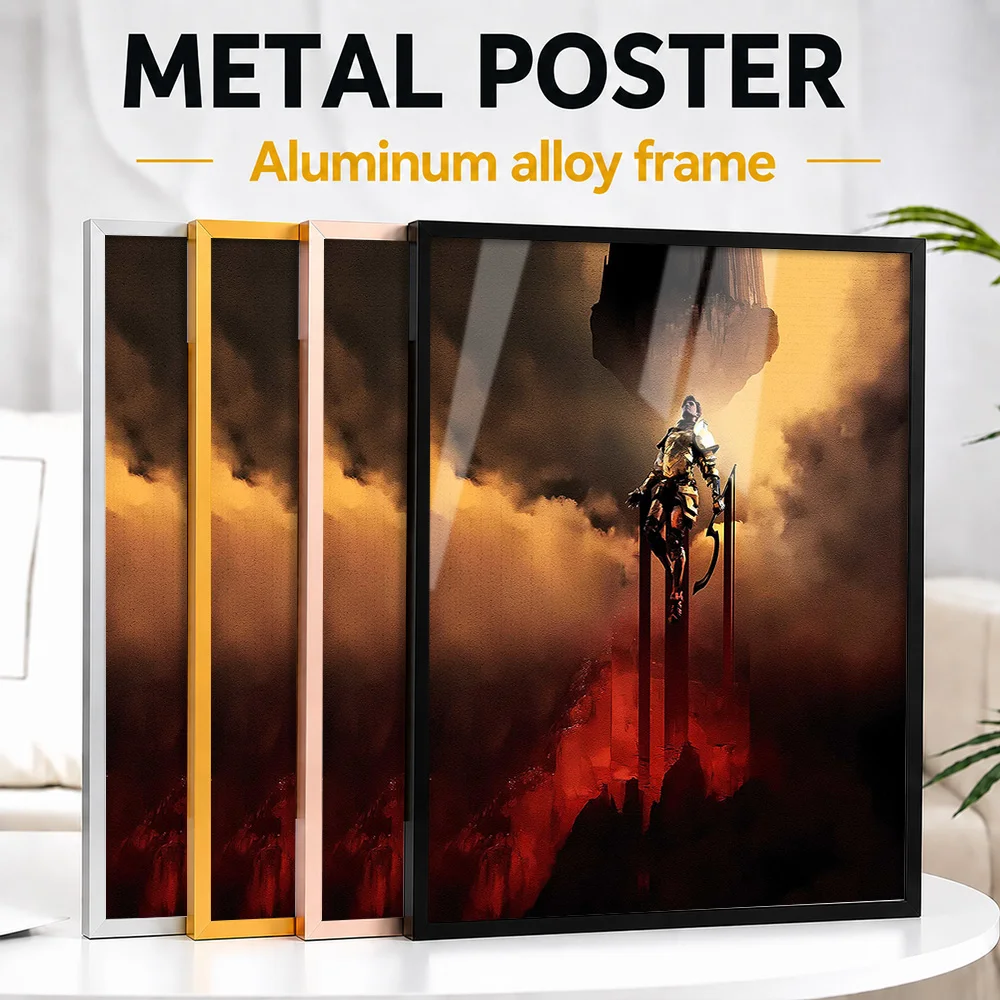 Knight Ascending Toward Dark Tower Framed Aluminum Metal Poster Personalized Photo Mystical Quest Style Wall Art For Game Room
