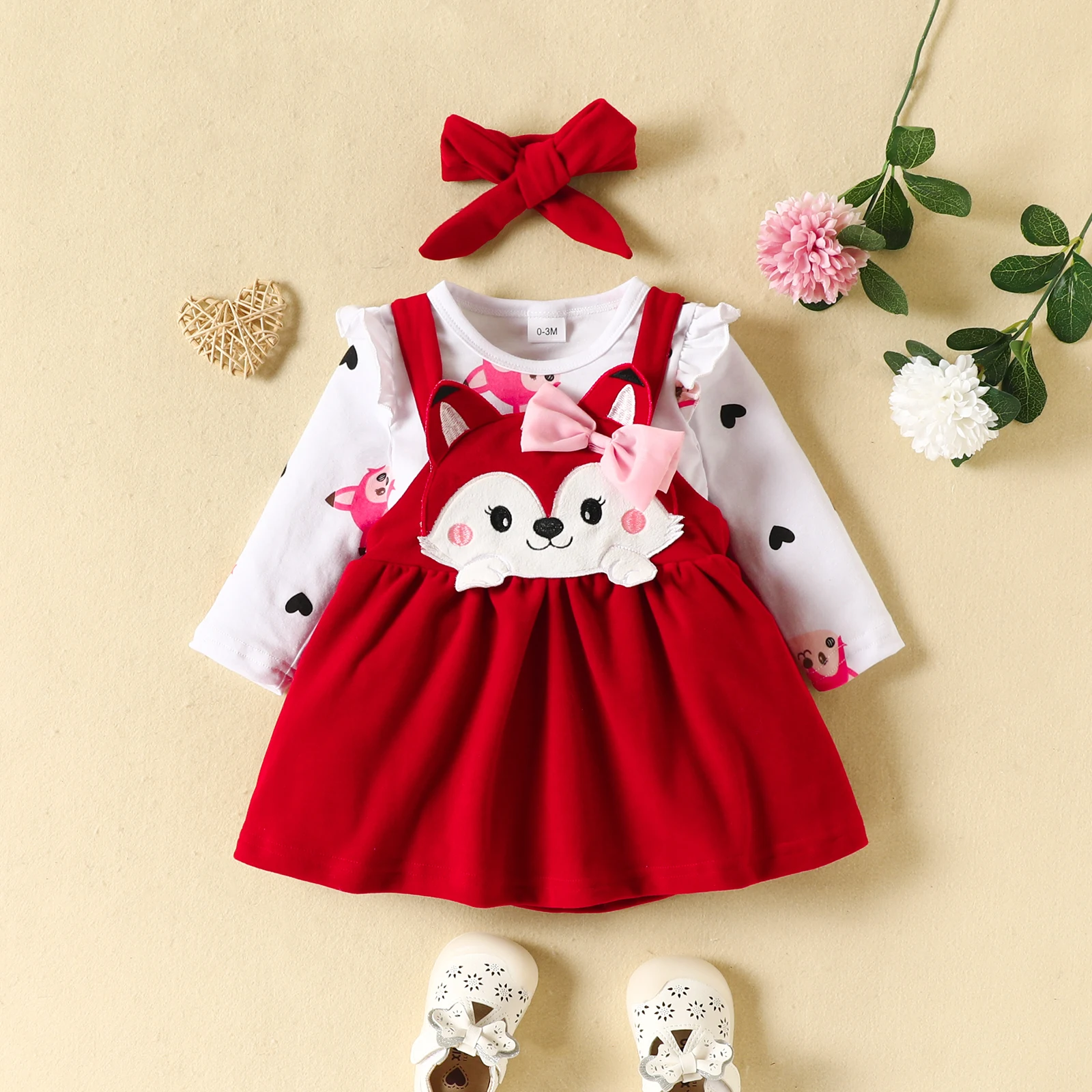 BeQeuewll Baby Girls Autumn New Style 3 Piece Outfits Long Sleeve Ruffle Romper and Cute Fox Print Suspender Skirt Headband Sets