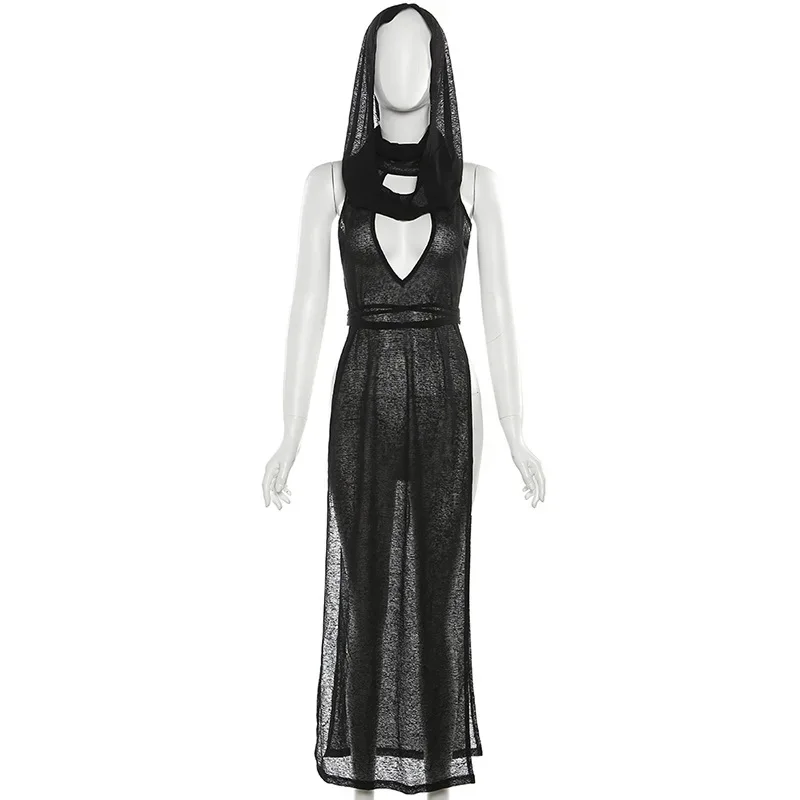 Vrouwen Sexy Hoge Dij Lengte Split Capuchon Jurk Capuchon Mouwloos Vest Gewaad Vrouwen Sexy Club Bar Cosplay kostuum 2025