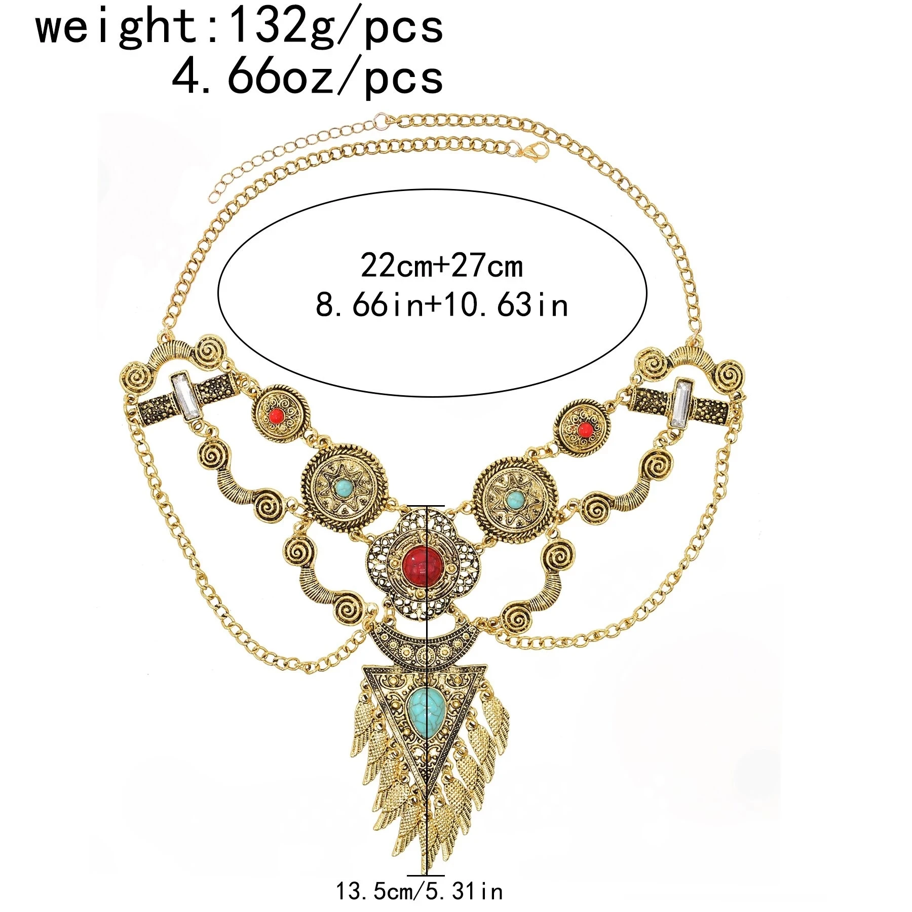 Vintage goldene silbrige Statement-Halskette für Frauen, bunte Strasssteine, lange Ketten, Halsketten, Gypsy, Boho, ethnischer Halsschmuck – Detail 17