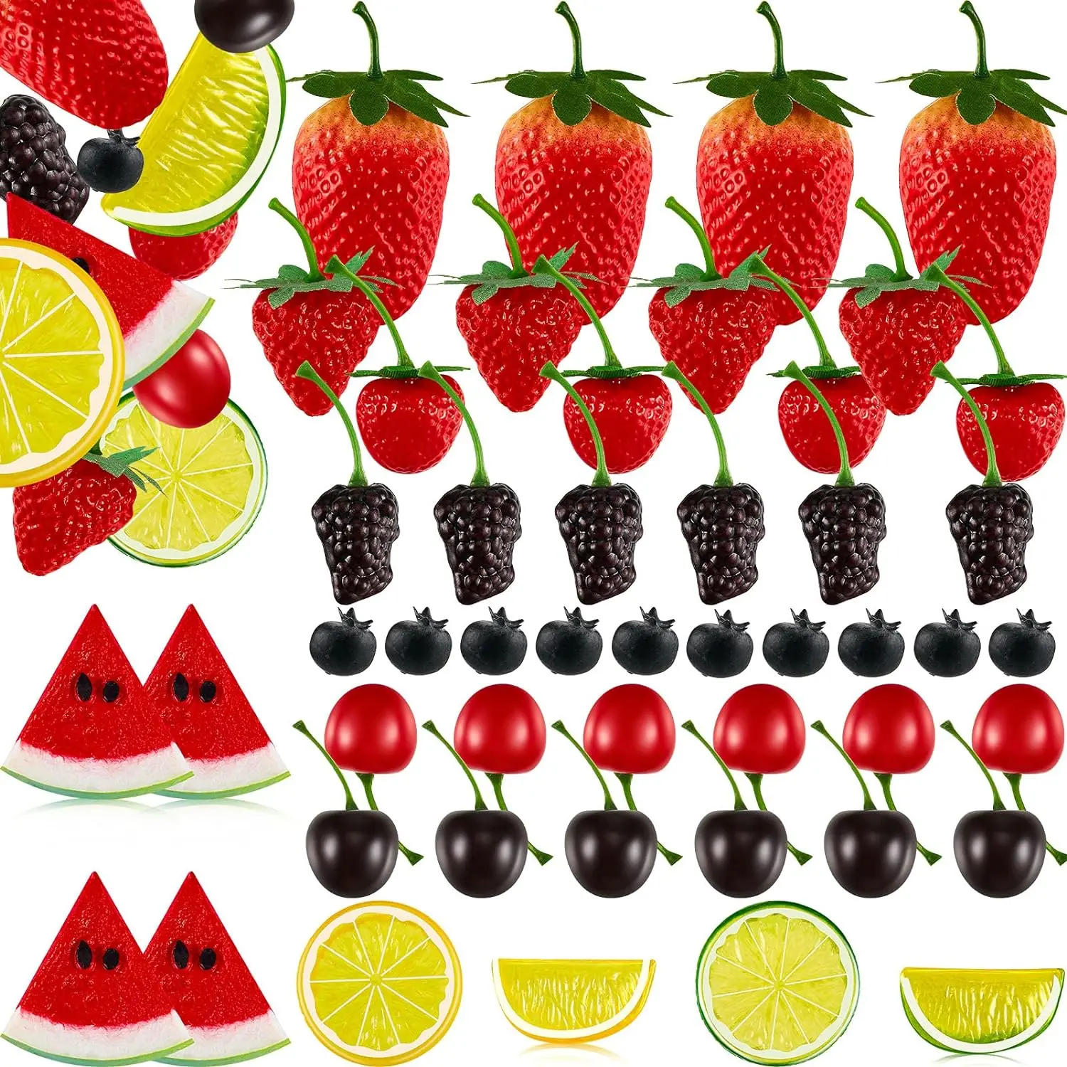 50 Pieces Artificial Lifelike Plastic Fruit 14 Strawberries, 12  Cherries, 6  Mulberries, 4  Watermelon Slices, 10 Blueberries