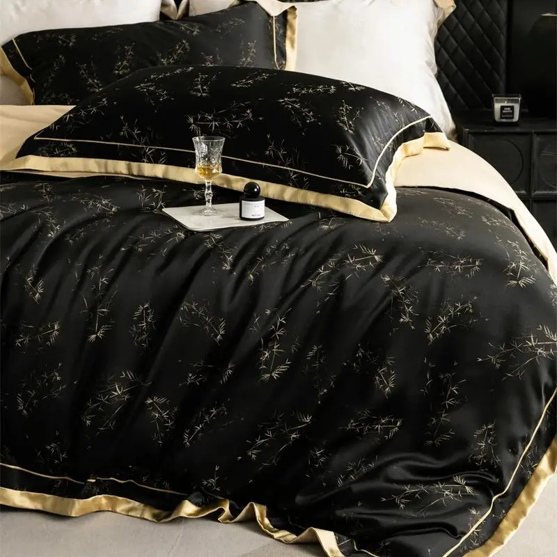 Lyocell Eucalyptus Fiber Soft Silky Skin-friendly Cool Feeling Black/Gold Luxury Bedding Set Duvet Cover Bed Sheet Pillowcases