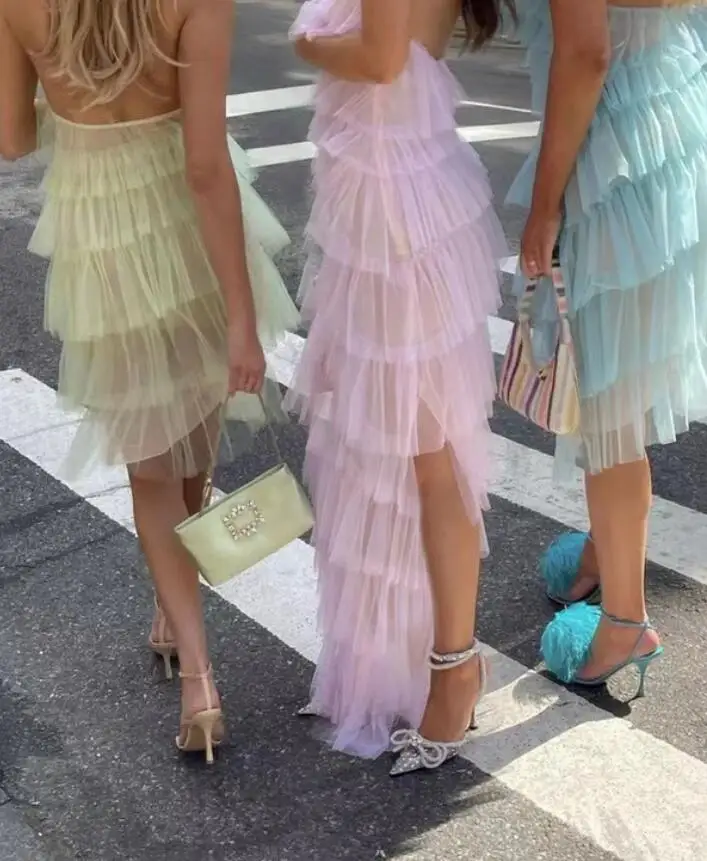 Fashion Halter Neck Tiered Tulle Party Dress with Split Design