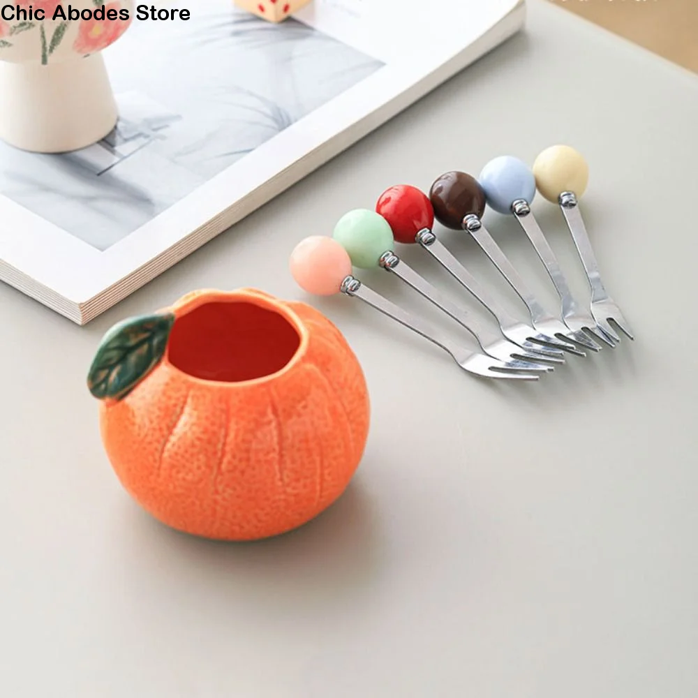 

Orange Ceramic Fruit Forks Set Creative Ins Style Dessert Forks with Storage Jar Household Solid Color