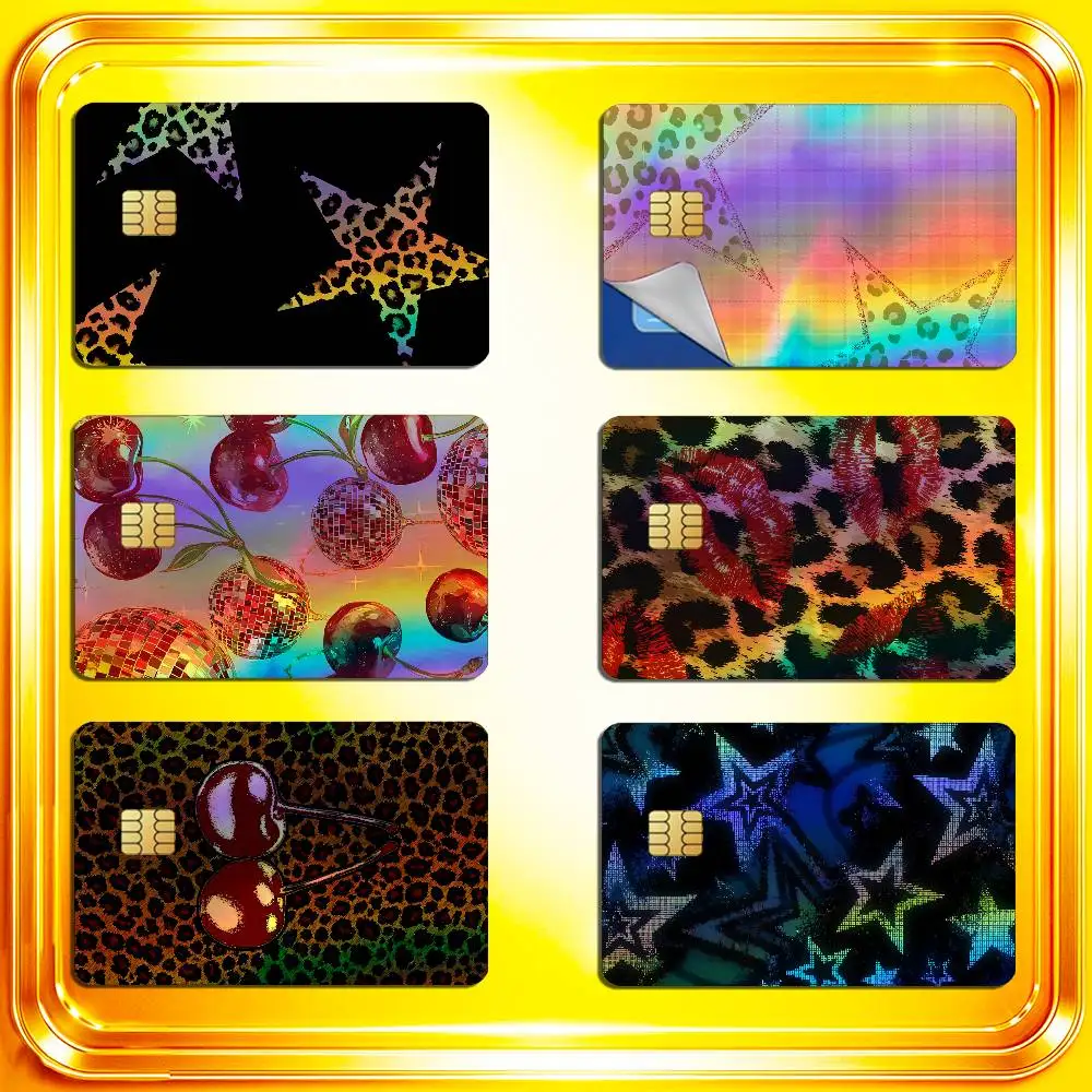 For Leopard Print Cherry Star Credit Bank Sticker ID Access Card Cover Skin Rainbow Color Laser Stickers Film