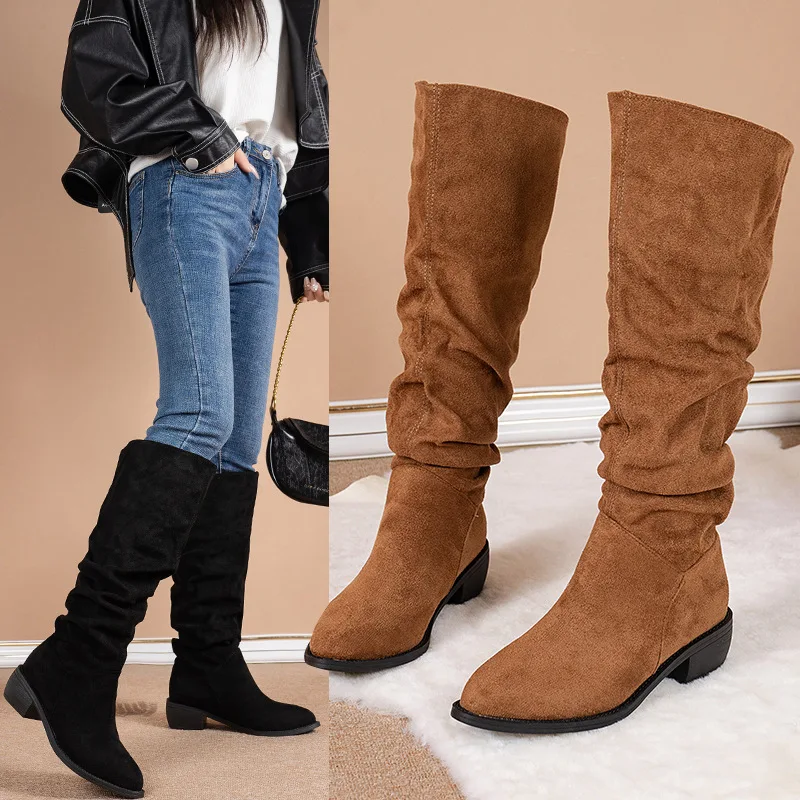 New Solid Color Comfortable Fashion Knee-high Fashion Boots Round Head Square Heels Increase Large Size Winter High Boots