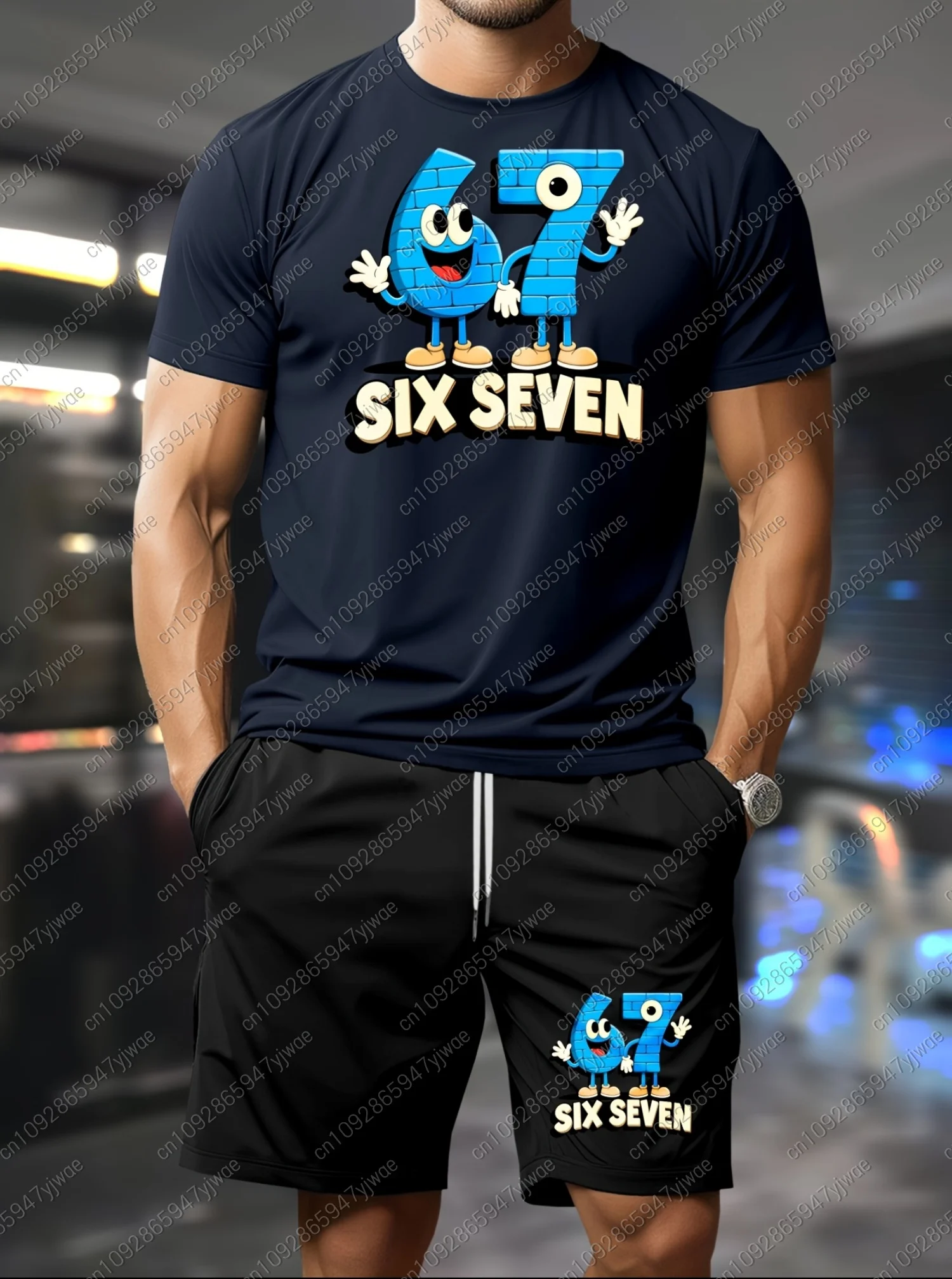 

2026 Summer Men 2pcs Set Mens Six Seven 67 Pattern No Denim T-Shirt Shorts Set Adult Men Jogging Plus Size Tracksuit 2 Piece Set