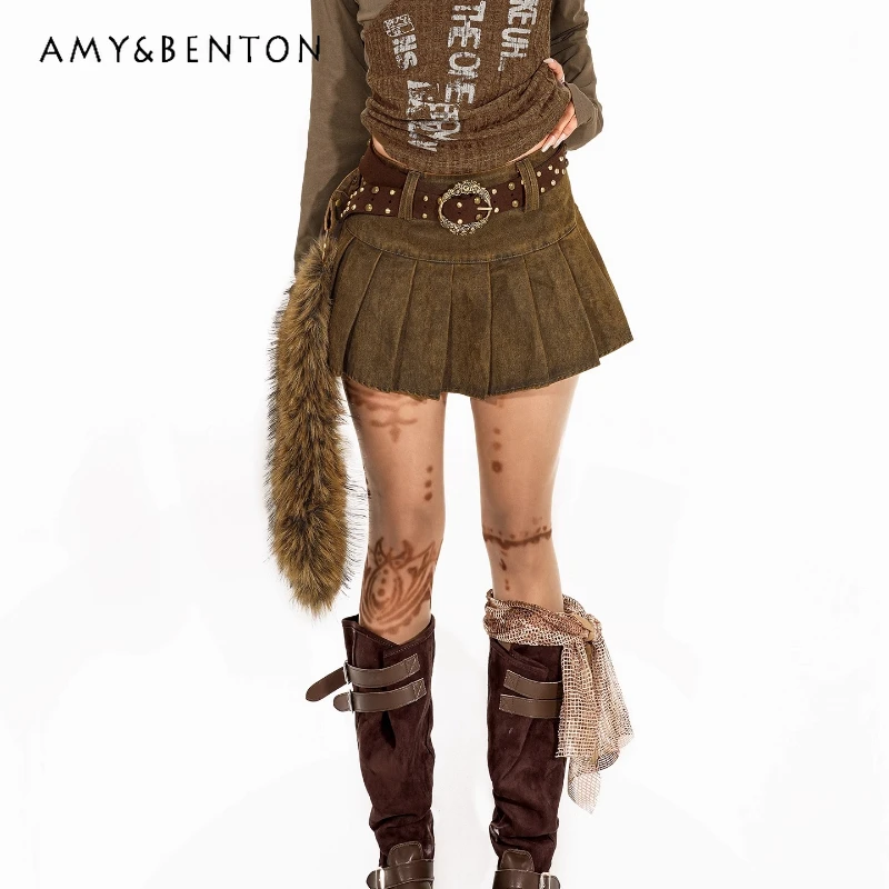 

European American Retro Sanding Women's Skirt Winter New Fur Splicing Y2K Hot Girl Low Waist A-line Pleated Short Skirts Ladies