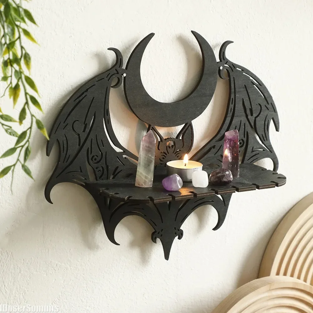 Black Wooden Wall Shelf Gothic Bat Moon Hollow Pattern Floating Shelf Halloween Crystal Holder Goth Home Decor Witch Room Decor