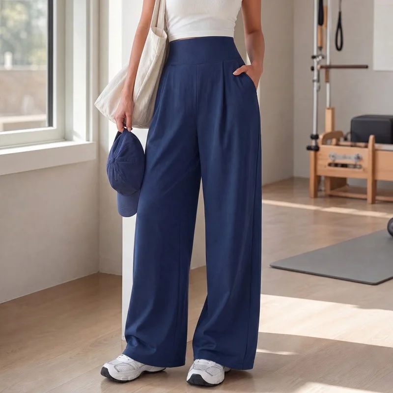 Draped Loose High Rise Wide Straight Leg Yoga Trousers For Women Jogging Street Fitness Daily Slim Casual Wide Leg Sports Pants