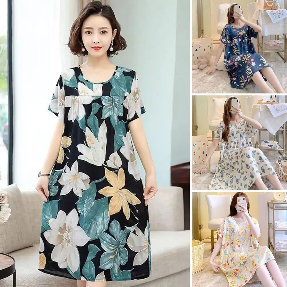 

Comfortable Casual Nightgown Floral Print Women's Summer Nightdress with Round Neck Short Sleeves A-line Pleated Hem Knee Length