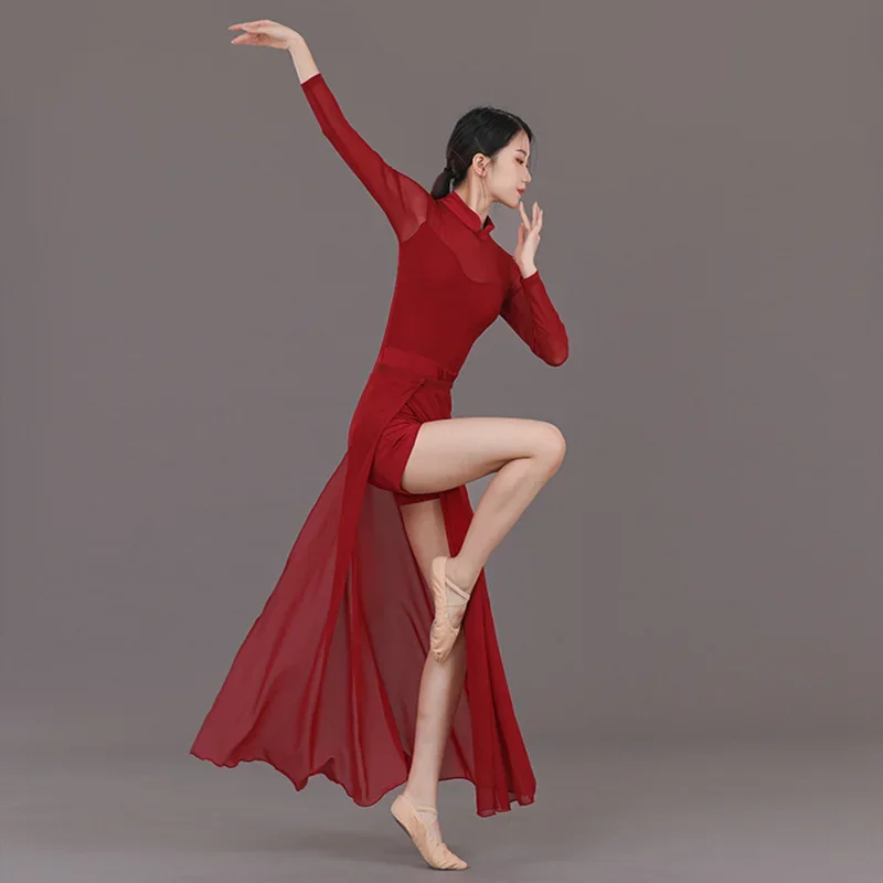 Chinese dance classical dance cheongsam body rhyme gauze clothing dance clothing art test practice clothing high split skirt