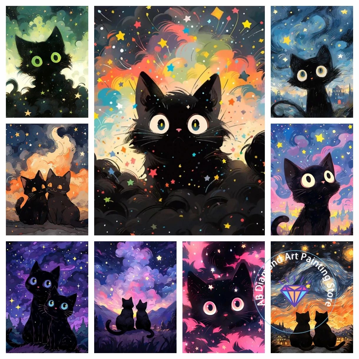 

Starry Sky And Black Cat AB Diamond Painting Kit 5D DIY Diamond Embroidery Cross Stitch Handmade Art Gift Crafts Home Decor Gift