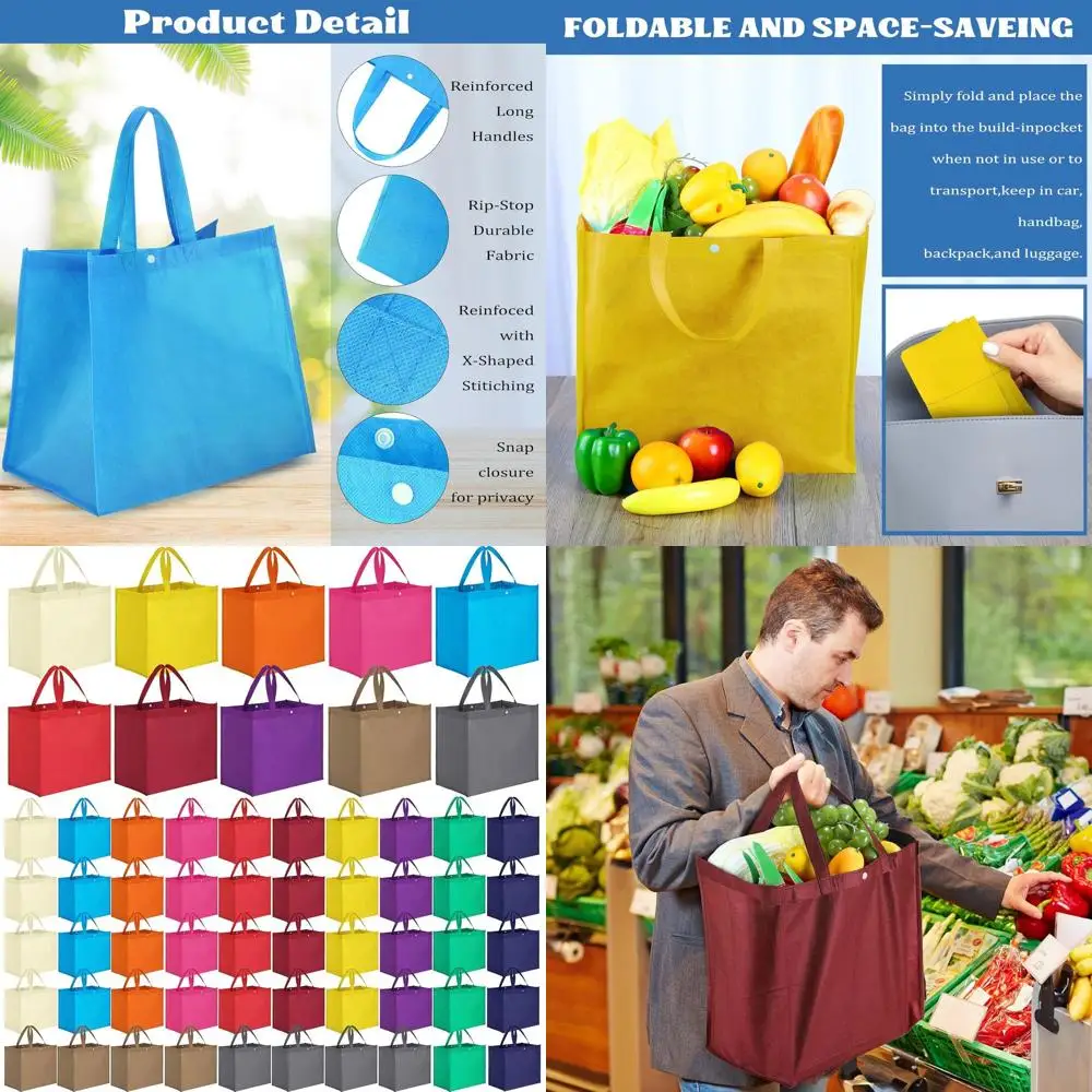 

60 Pack Large Reusable Shopping Bags, Foldable Tote with Handle & Plastic Button, Multicolored