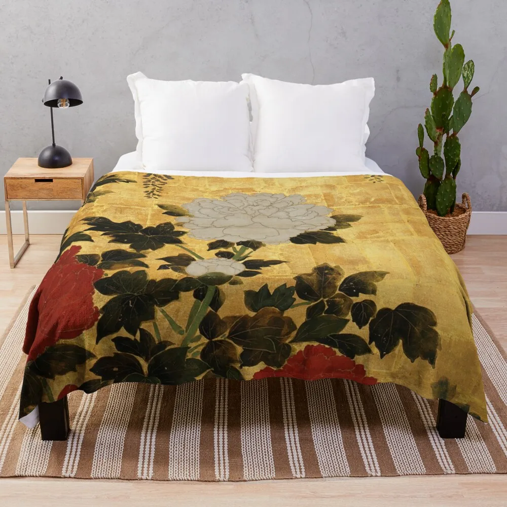 

Vintage Japanese Floral Gold Leaf Screen With Wisteria and Peonies Throw Blanket Giant Sofa Summer warm winter Blankets