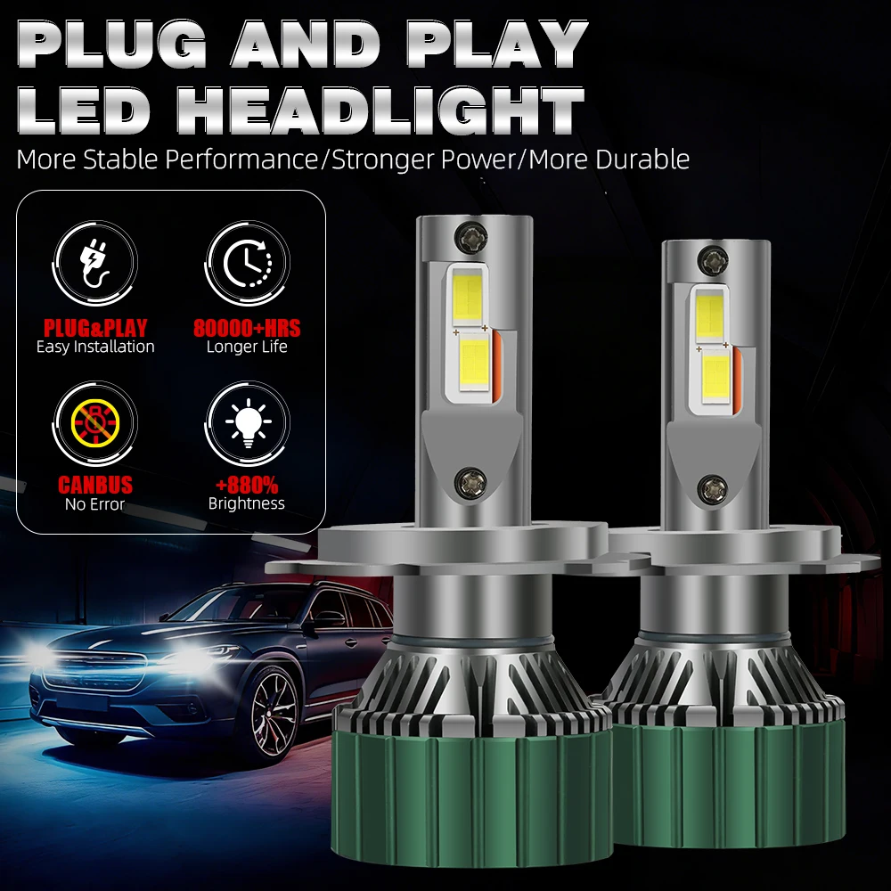 

Светодиодные лампы H4 LED Canbus 6000K H11 H1 H7 60000LM 240W HB3 9005 HB4 9006 9007 H13 для автомобильных фар, Plug & Play, с бесшумным вентилятором