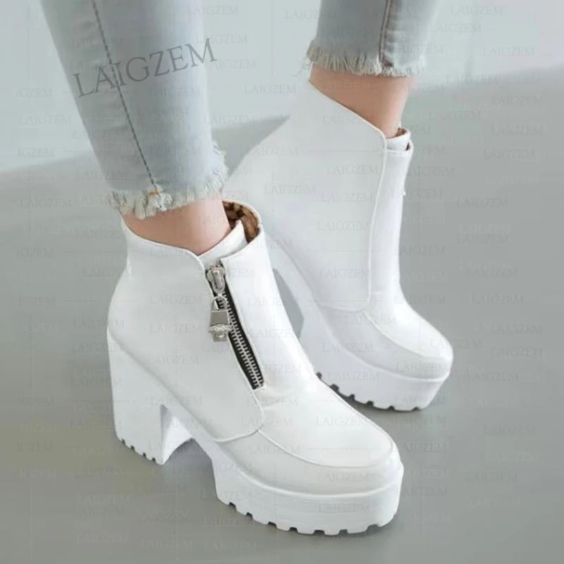 DOHBANER Women Ankle Boots Platform Thick High Heels Side Zip Up Short Boots Comfortable Ladies Shoes Woman Plus Size 34 37 43