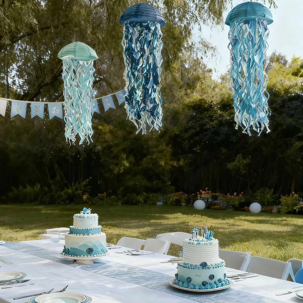 3pcsX10" Blue Jellyfish Paper Lanterns under the Sea Mermaid Birthday Party Decorations Nautical Shower Hanging Lanterns image 5