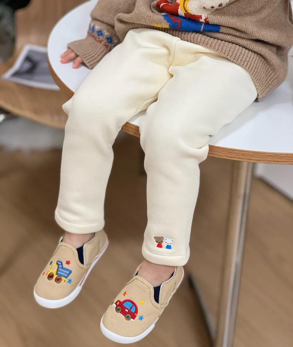 

baby clothes winter toddler pants Girls' beige embroidered leggings Cartoon patterned plush warm pants
