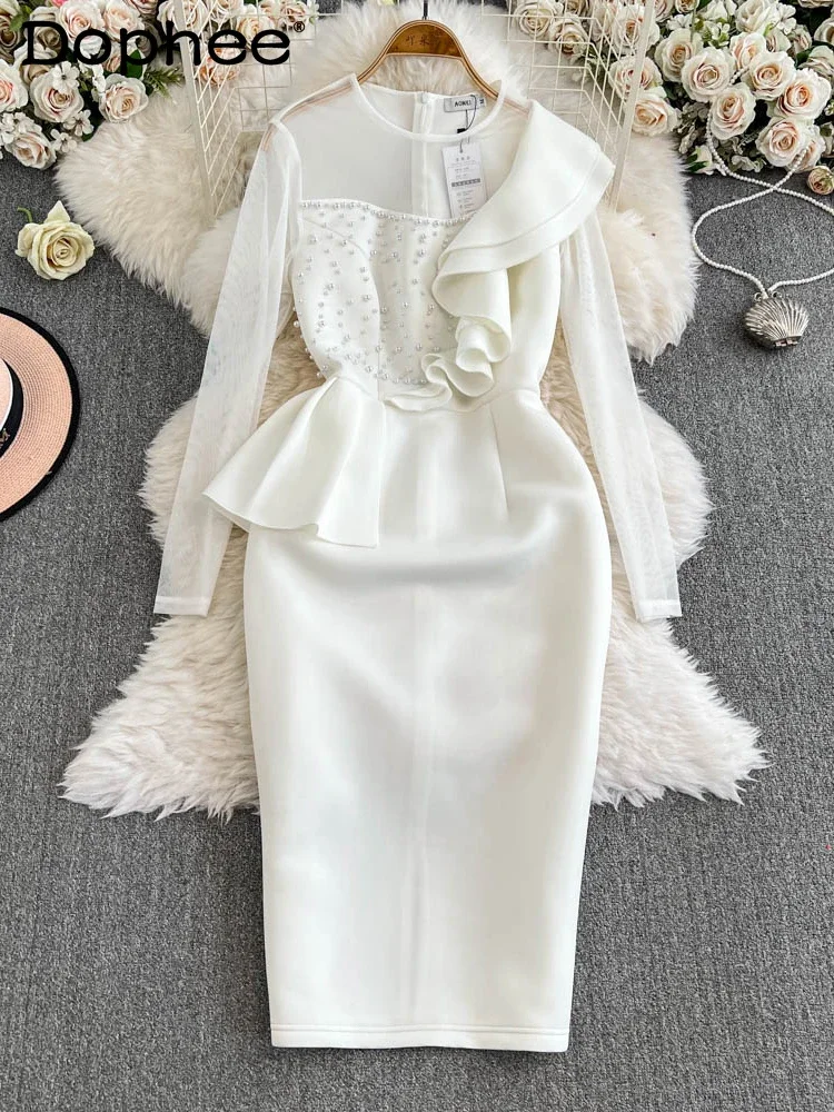 Retro Hepburn Style Dress Women's 2025 Summer Beaded Mesh Yarn Design Chic Ruffle Edge High-end Temperament White Dress