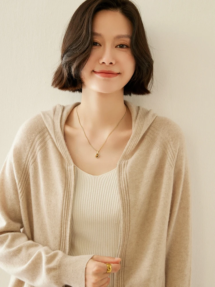 2025 New Arrivals Full-Zip Cardigan Constrictive cuffs 100% Cashmere Knitted Sweater Simple solid Color Tops