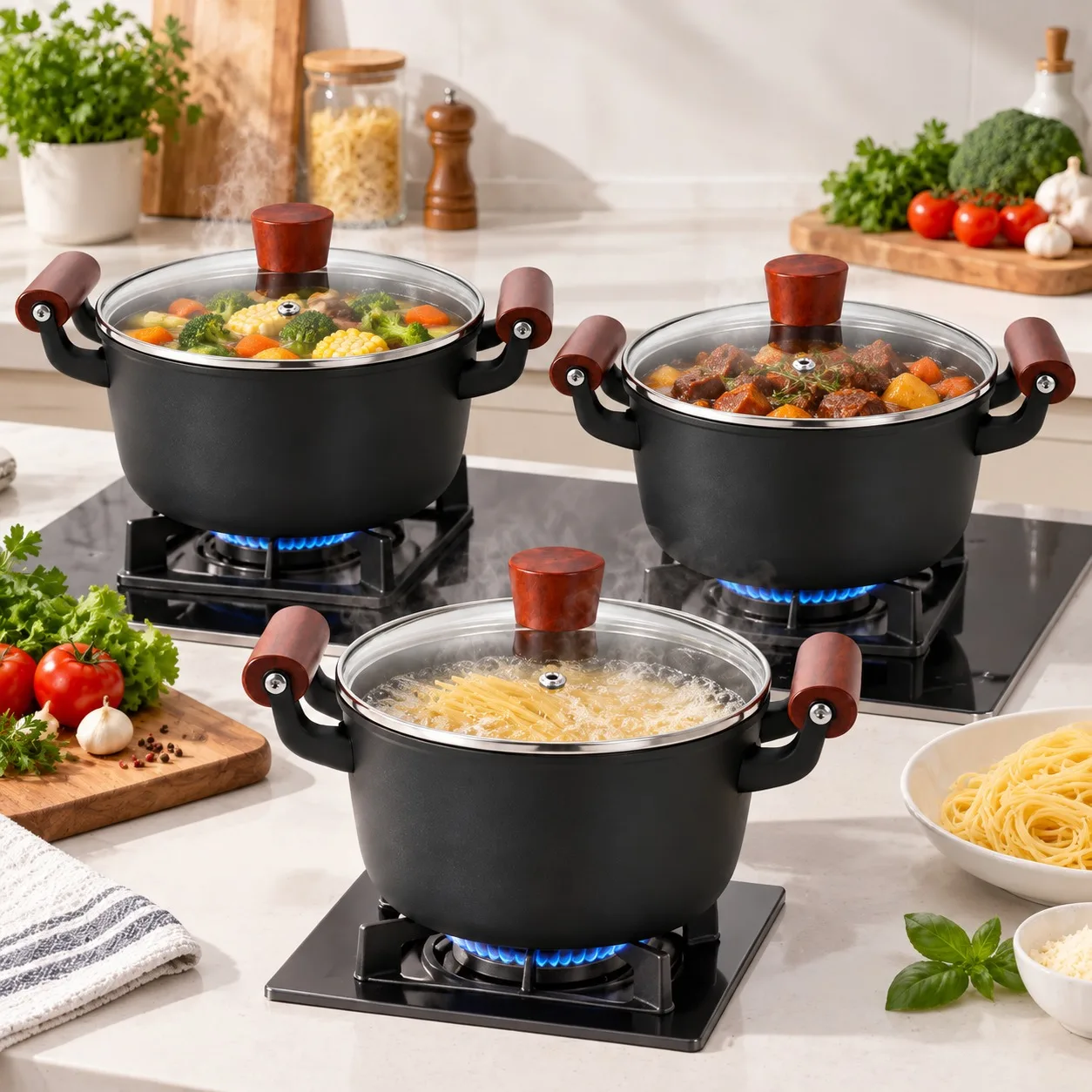 Olla de aluminio forjado para cocinar, de 30x20x11 cm, con tapa de vidrio y asas con efecto madera, olla antiadherente para sopas y guisos, compatible con cocinas de inducción y de gas.