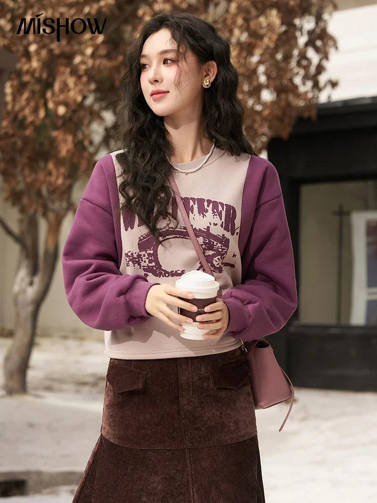 MISHOW American Retro CrewNeck Sweatshirt Women Crop Loose Drop Shoulder Pullover Lady Thick Warm Contrast Top Female MXC56V0059