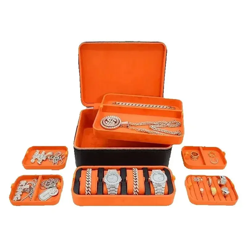 

Luxury Travel Jewelry Box High-End PU Leather Multi-Functional Portable Large Zipper Storage for Gems And Accessories