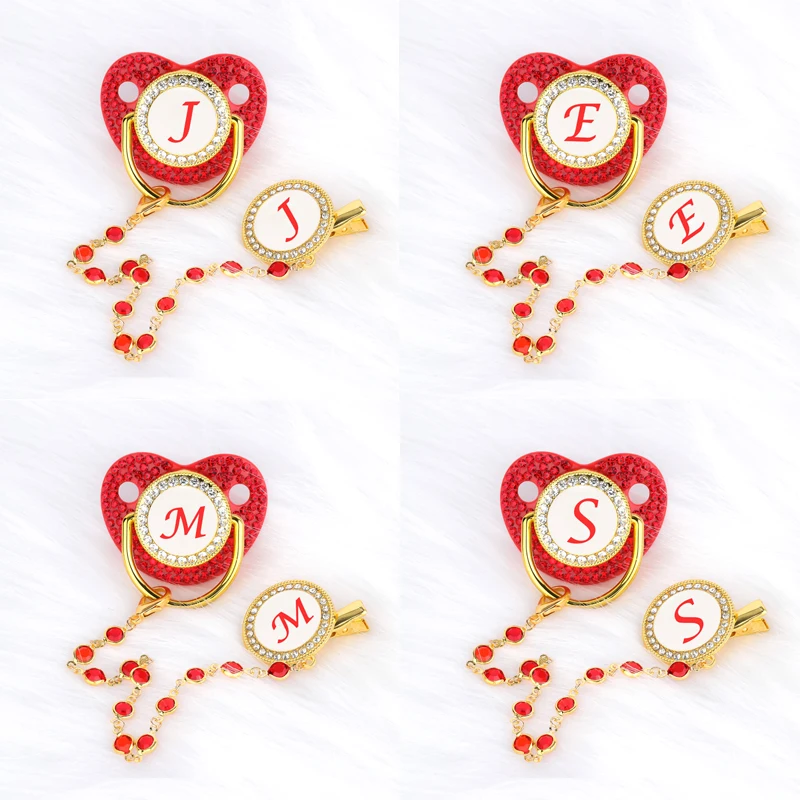 Red Rhinestone Initials Baby Pacifier with Chain Clip Cover Set Luxury 26 Letters Newborn Personalized Pacifiers Silicone Nipple