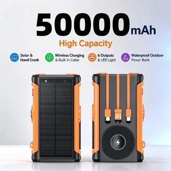 50000mAh Solar Hand Crank Power Bank Wireless Charging Built-in Cables LED Light…