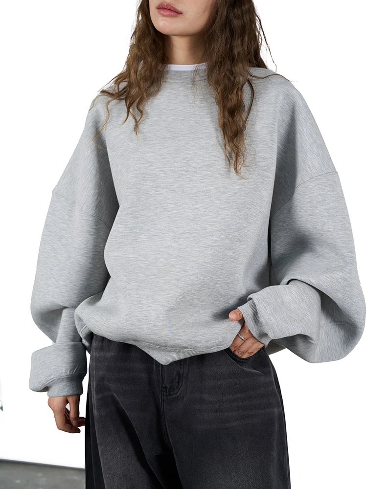 [LANMREM] Minimalism Pullover Sweatshirt For Women Round Neck Long Sleeve Casual Loose Tops Fashion 2024 Autumn New 26C631