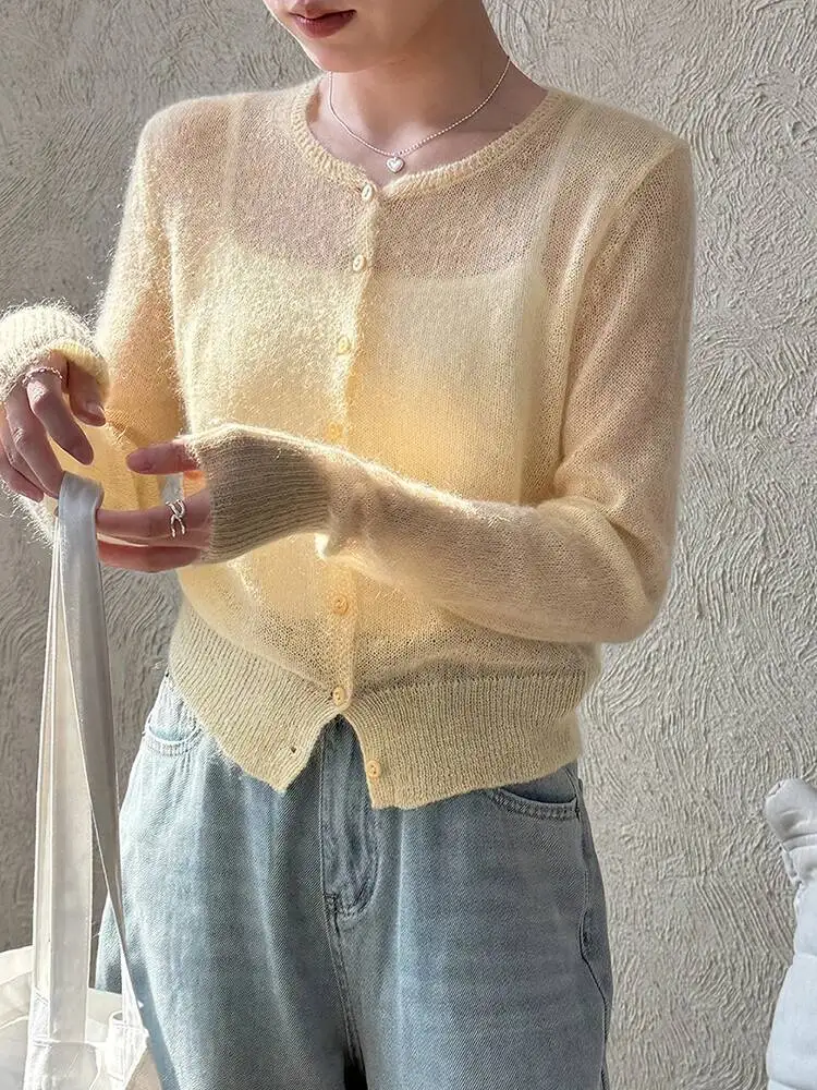 Thin Green Perspective Silm Knitting Cardigan Sweater Round Neck Long Sleeve Women New Fashion Spring Autumn2026 X6GW view 3