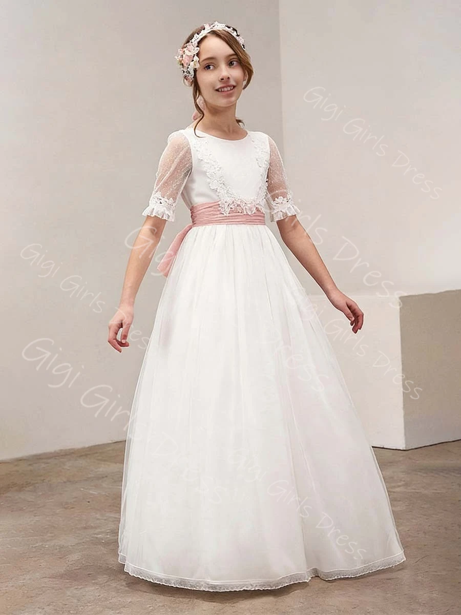 

Элегантное белое платье с цветочным узором для девочек на свадьбу, От 2 до 14 лет, детское тюлевое платье с аппликацией из бисера и поясом, праздничное платье на заказ