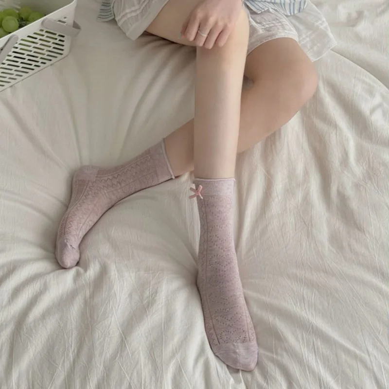 6 Pairs Pack Lolita Long Socks Japanese Style Kawaii Cute Bowknot Ruffle Socks Sweet Heart Thin Mesh Girls Socks Summer