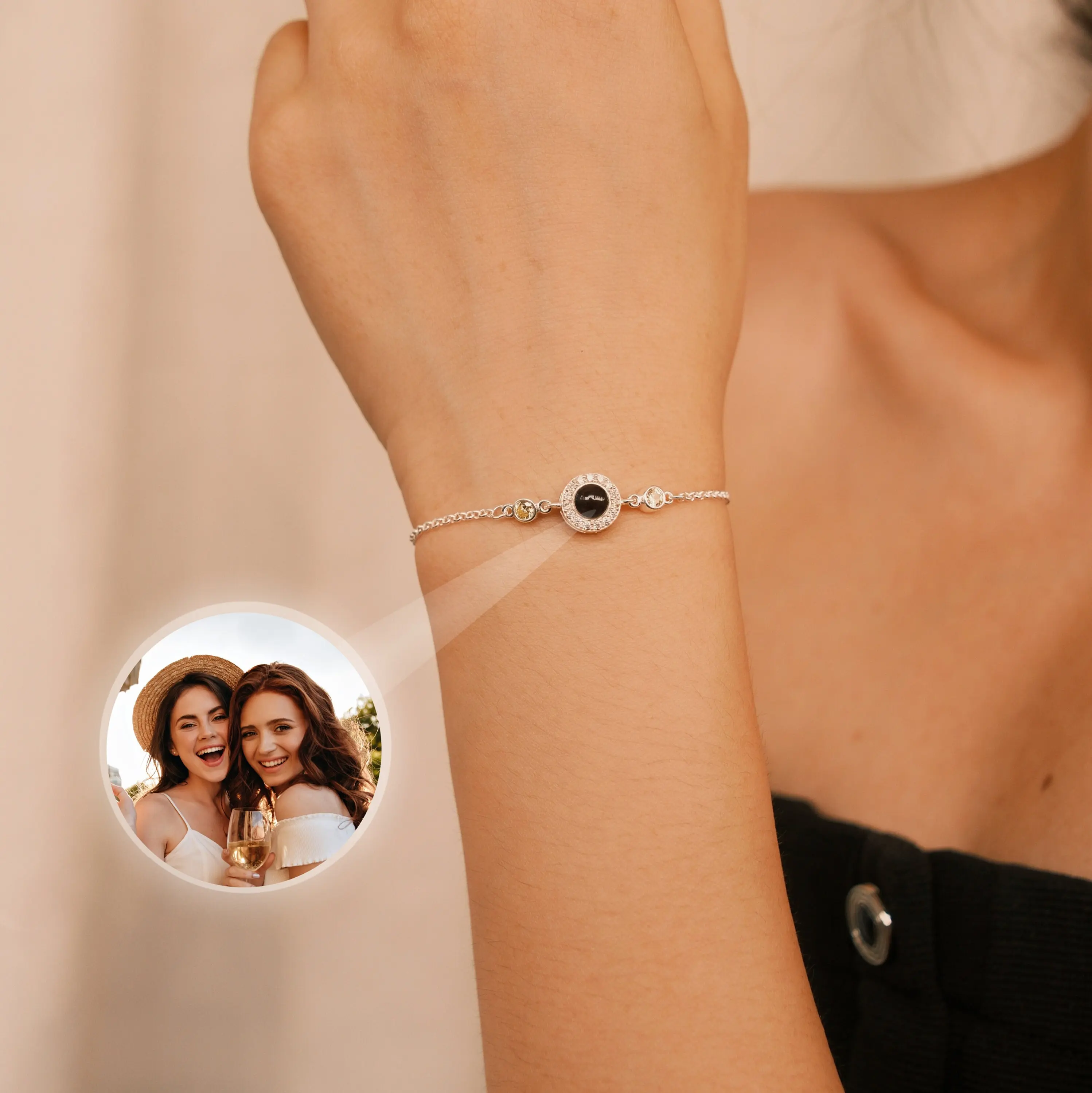 Best Friend Gift Custom Photo Projection Bracelet Zircon Pendant Bubble Memorial Bangle Stainless Steel Chain Jewelry For Women