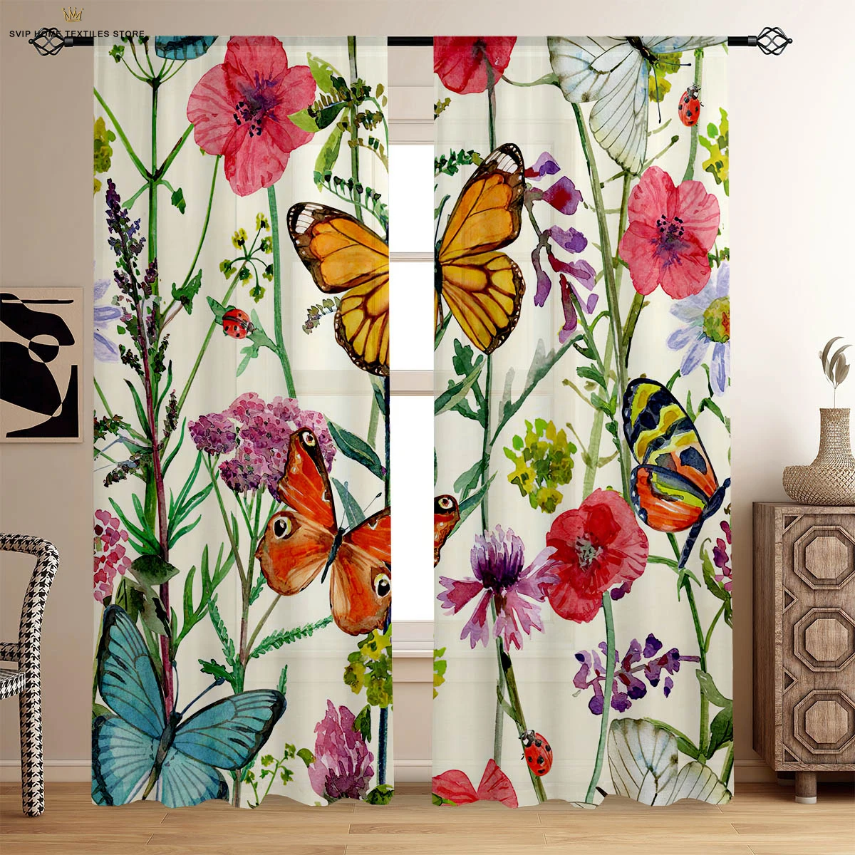 2 Pieces Of Dreamy Flower Butterfly Print Curtains Garden Pastoral Style Bedroom Living Room Kitchen Decorative Curtains