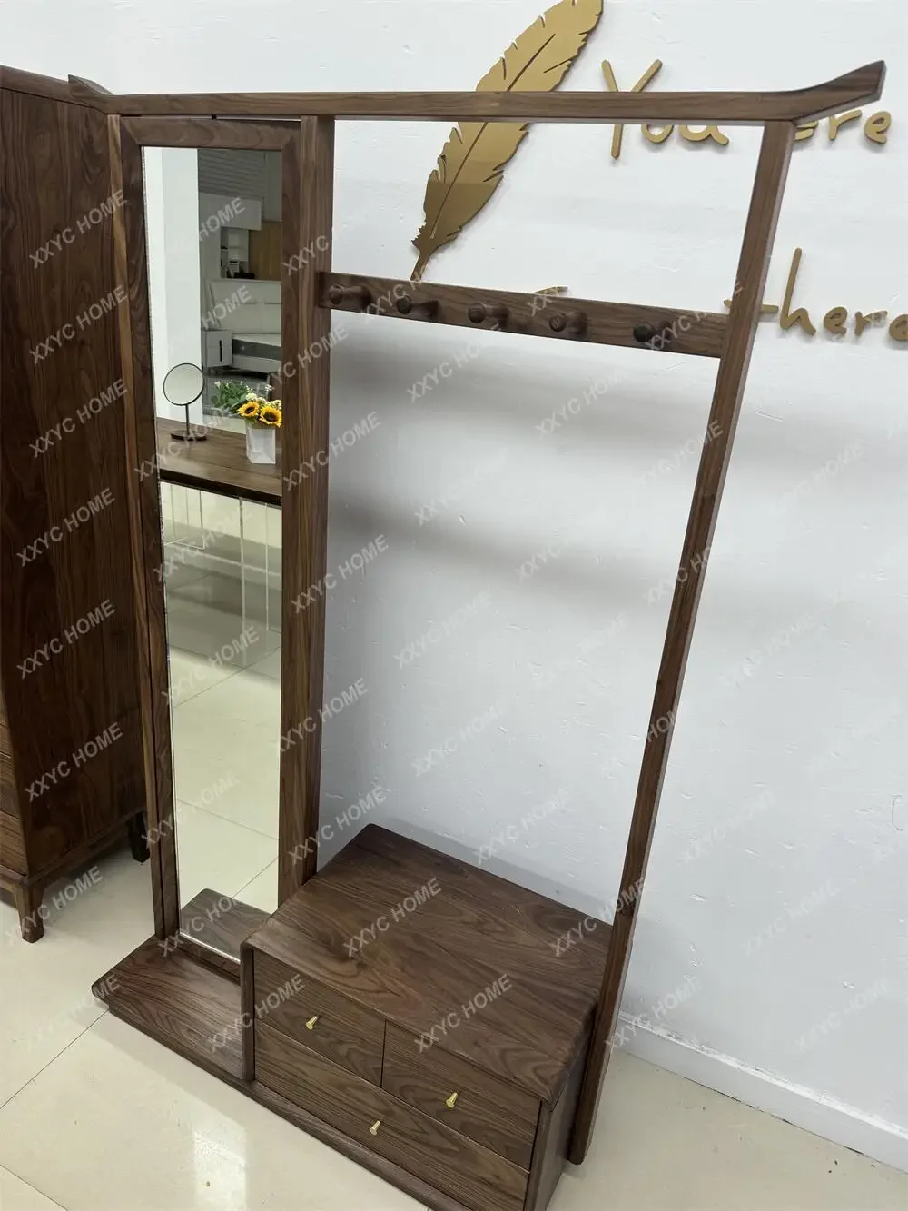 

HMJMultifunctional North Black Walnut Rotating Coat Rack with Mirror Floor Storage Bedroom Multifunctional Home