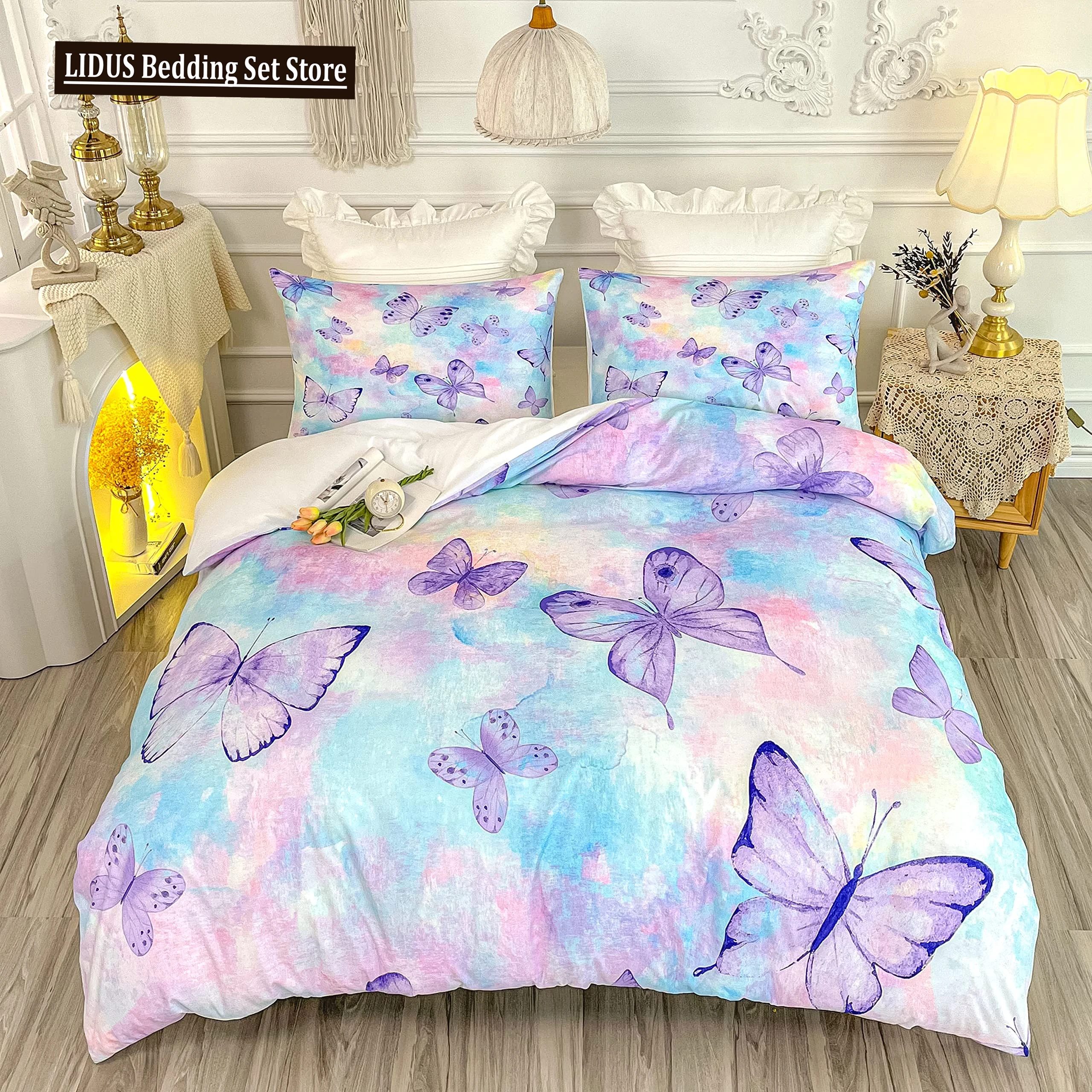 

Butterfly Duvet Cover Set Full Size,Rainbow Butterfly Bedding Set For Girls,Rainbow Butterflies Comforter Cover Set,Pink Purple