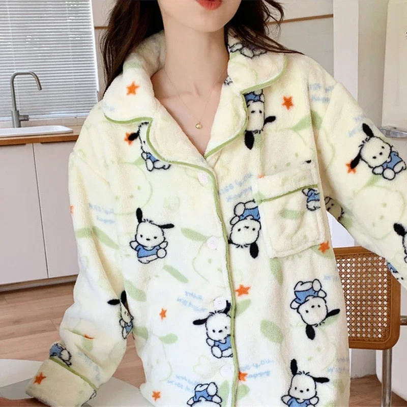 MINISO Sanrio Pochacco Pajamas Cartoon Anime Winter Velvet Thickened Warm Home Clothes Set Student Dormitory Casual Wear Gift