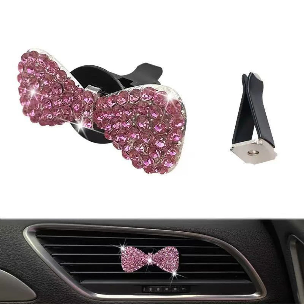 

Car air conditioner perfume clip, with fragrance piece, white pink, metal bow, Austrian rhinestone inlay, fresh air in the car