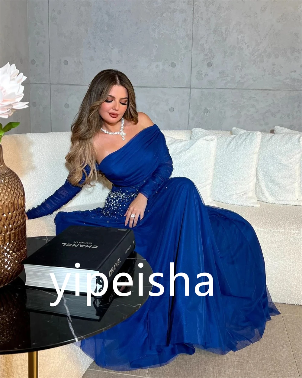 Customized Sparkle Elegant Off-the-shoulder A-line Party Dress Beading Shirred Floor length Organza Evening