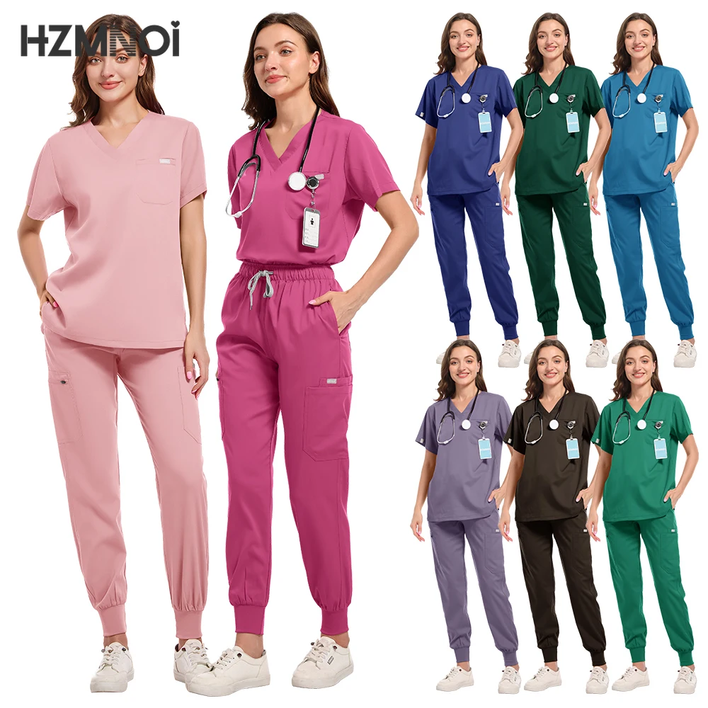 Medical Accessories Women Elastic Scrubs Uniform Sets Hospital Surgical Gowns Short Sleeve Tops Jogger Pants Suit Doctor Clothes