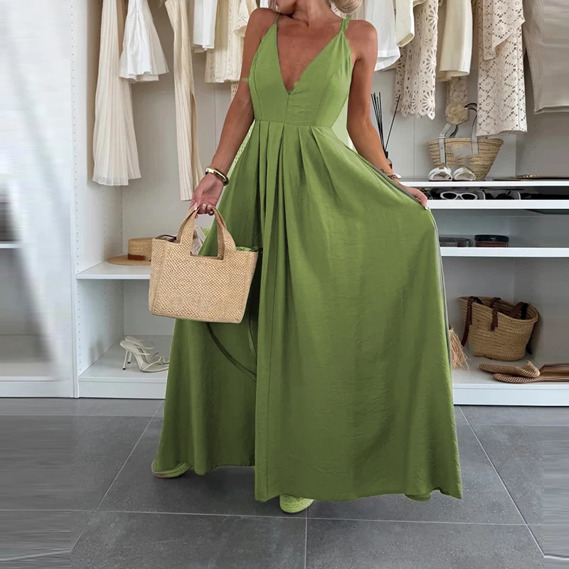 Modna Sukienka Maxi z Wysokim Stanem, Dekoltem w Serek, Plisami, Długa, Elegancka Sukienka Damska Bez Pleców z Wycięciami na Imprezę 2025, Seksowna, Miękka, Jednolita Sukienka Plażowa Maxi
