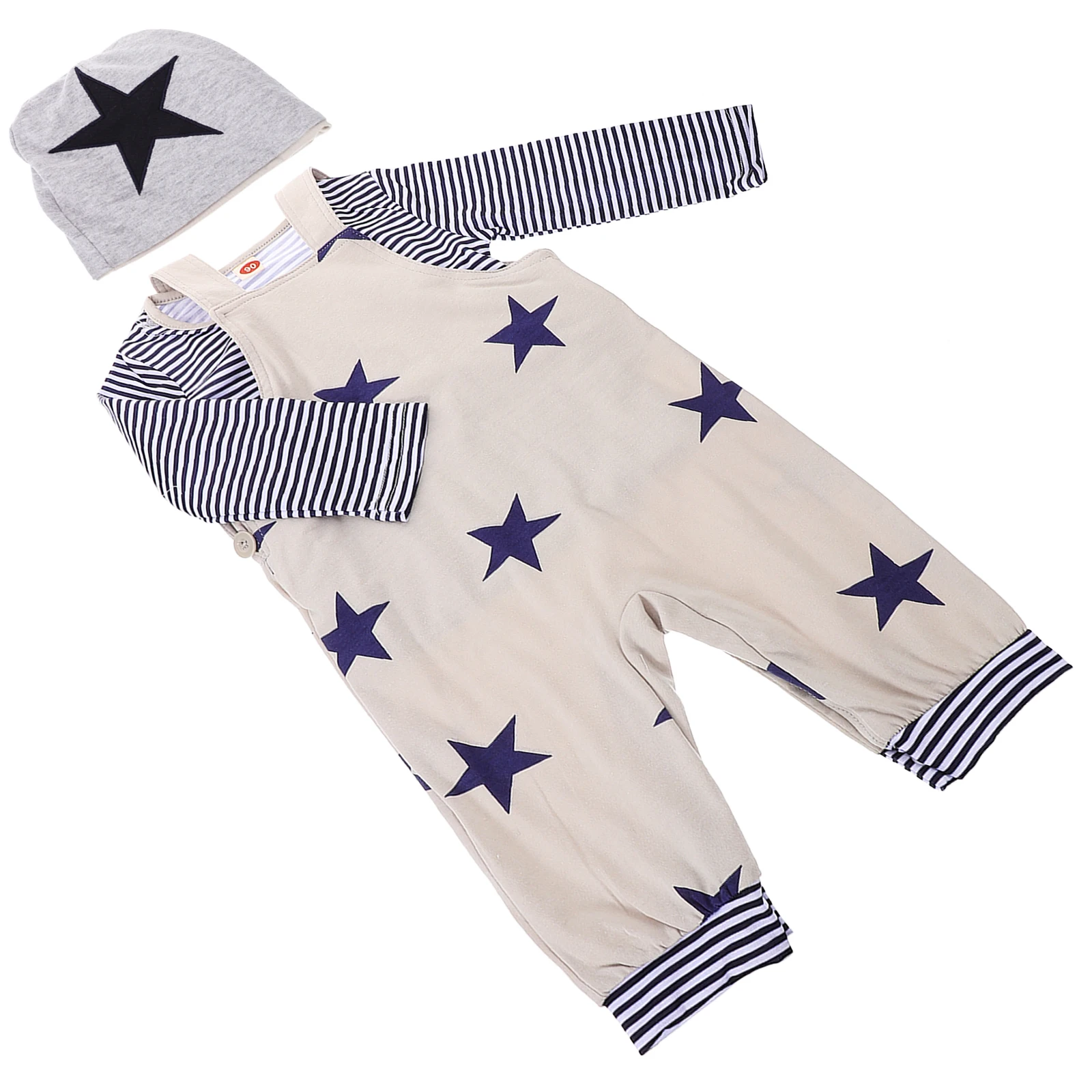 

1 set Star Strap Trousers Long Sleeve T-Shirt Hat Suit Boys Toddler Clothing Spring Baby Clothes 80cm Breathable Baby Outfit